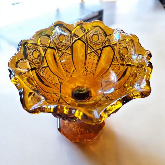 Vintage LE Smith Glass Heritage Quintec Amber Glass Pedestal Compote Candy Dish - Picture 5 of 9